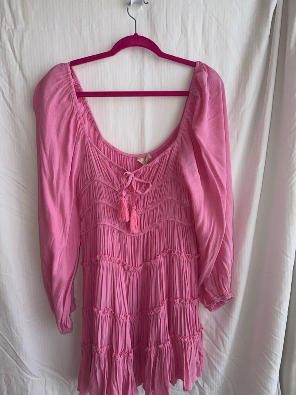 New tags long sleeve summer dress .Pink Tiered Peasant Dress with Tassel Tie